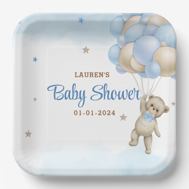 Assiettes En Carton Baby shower Ballons Bleus Ours Teddy (Recto)