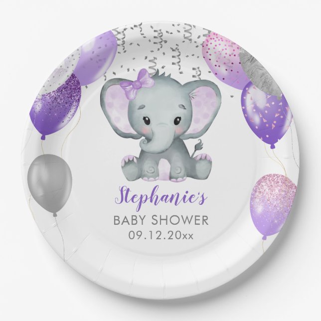 Assiettes En Carton Baby shower Ballons de fille Eléphante mignonne (Devant)