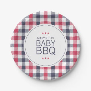 Assiettes En Carton Baby shower BBQ préppy rouge, blanc et bleu