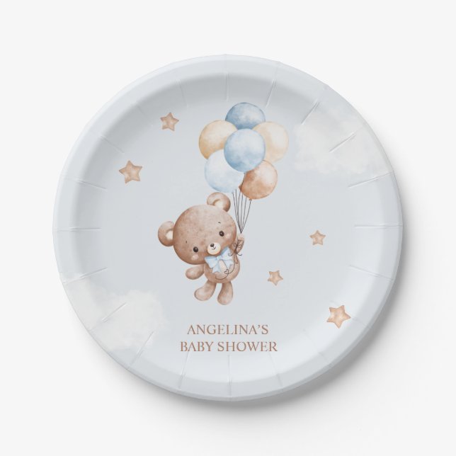 Assiettes En Carton Baby shower bébé bleu Teddy Bear (Devant)