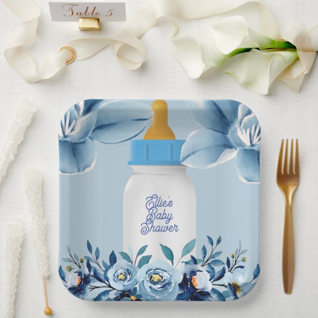 Assiettes En Carton Baby shower - Bébé Bouteille - Fleurs Nom Personna (Mariage)