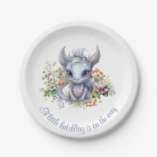Assiettes En Carton Baby shower Bébé Dragon Argent (Devant)