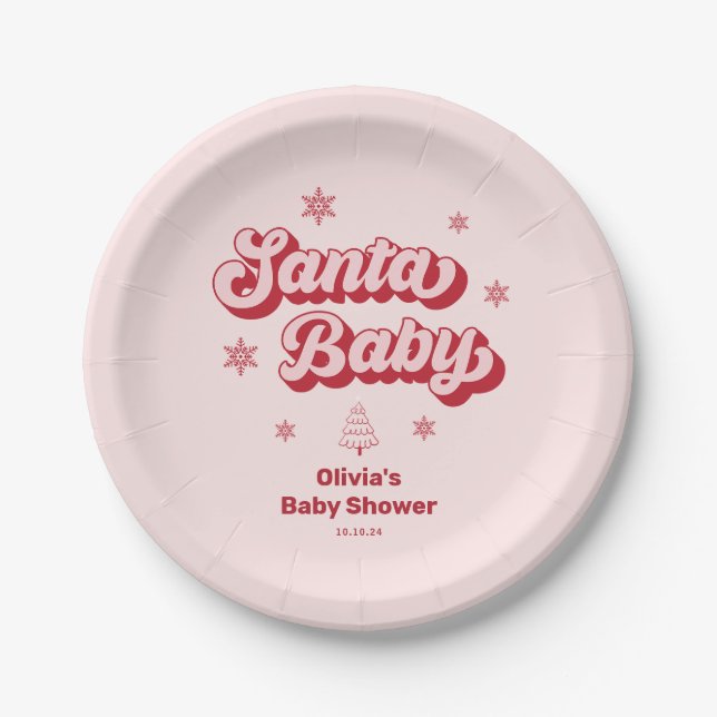 Assiettes En Carton Baby shower bébé Père Noël de Noël rose (Devant)