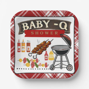 Assiettes En Carton Baby shower bébé-Q À damiers Red & Black Grill
