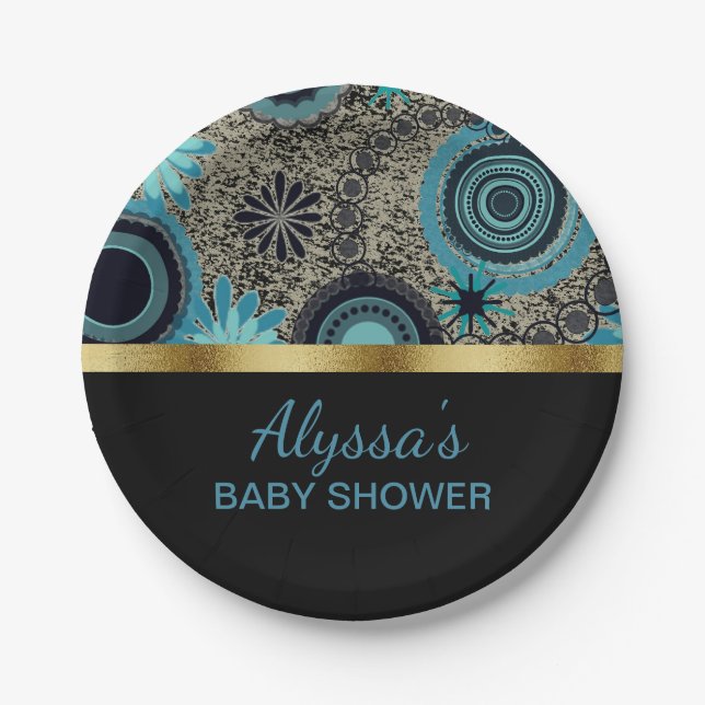 Assiettes En Carton Baby shower Black Turquoise Gold personnalisé (Devant)