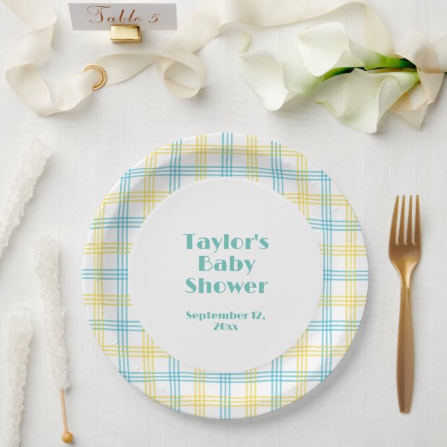Assiettes En Carton Baby shower blanc bleu jaune rayures (Mariage)