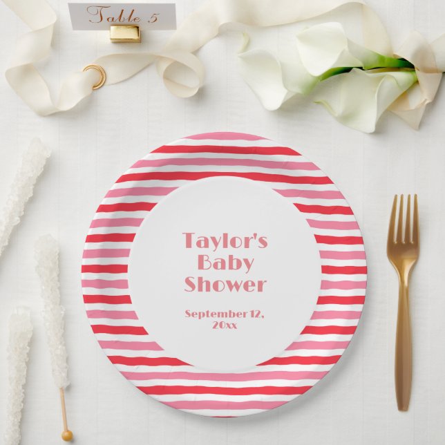 Assiettes En Carton Baby shower blanc rouge rose rayures (Mariage)