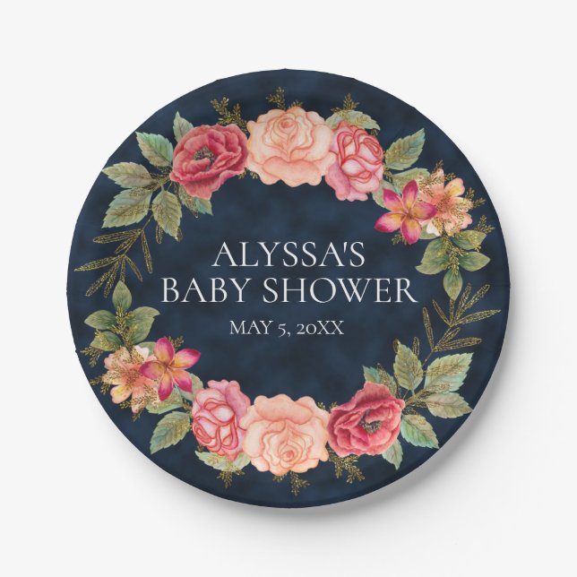 Assiettes En Carton Baby shower bleu bleu bleu rose rouge floral (Devant)