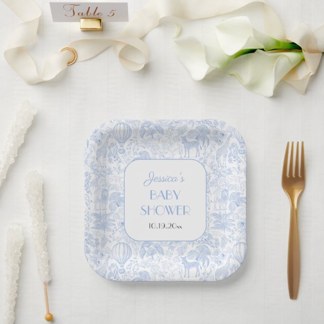 Assiettes En Carton Baby shower bleu Cute Safari Toile de Jouy (Mariage)