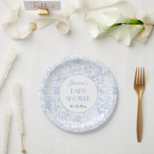 Assiettes En Carton Baby shower bleu Cute Safari Toile de Jouy