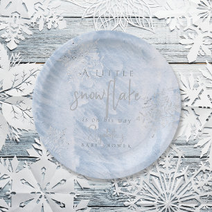 Assiettes En Carton Baby shower Bleu de flocons d'hiver d'argent conge