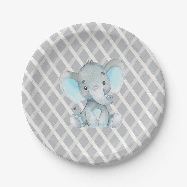 Assiettes En Carton Baby shower bleu éléphant (Devant)