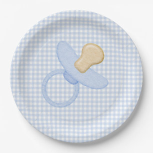 Assiettes En Carton Baby shower bleu En vichy petit garçon Pacifier