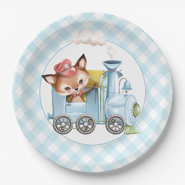 Assiettes En Carton Baby shower bleu Fox and Train En vichy (Devant)