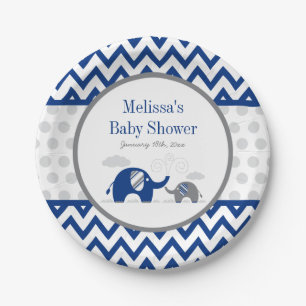Assiettes En Carton Baby shower bleu gris de la marine éléphante