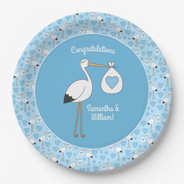 Assiettes En Carton Baby shower Blue Boy Stork (Devant)
