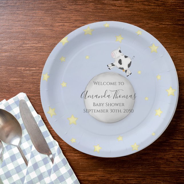 Assiettes En Carton Baby shower Blue Nursery Rhyme personnalisé (Baby shower cow jumped over the moon custom paper plate.)