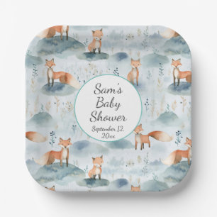 Assiettes En Carton Baby shower Blue Watercolor Baby Fox