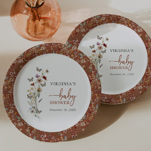 Assiettes En Carton Baby Shower Bohème Fleur Sauvage en Terracotta