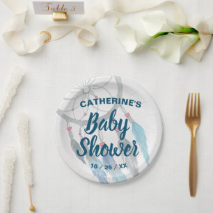 Assiettes En Carton Baby shower Boho Blue Feather Dreamcatcher