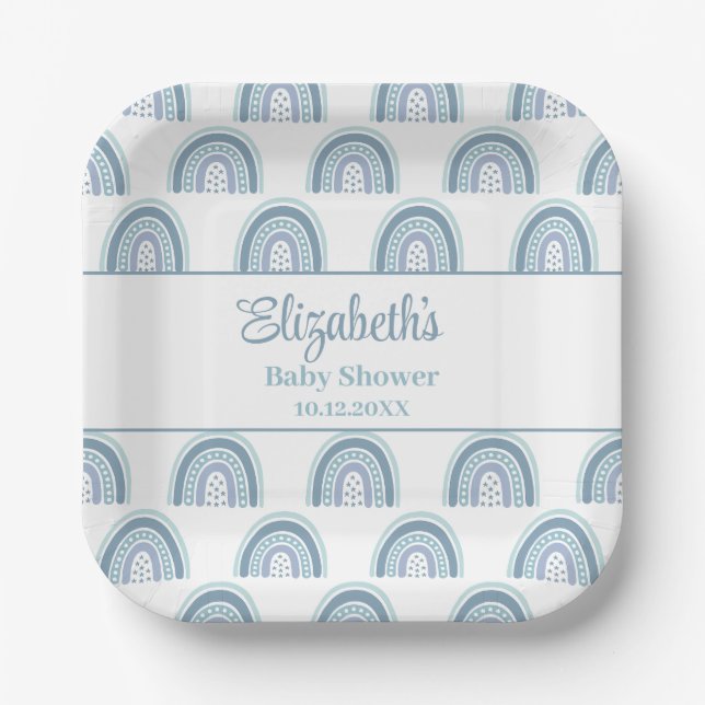 Assiettes En Carton Baby shower Boho Dusty Blue Rainbow (Recto)