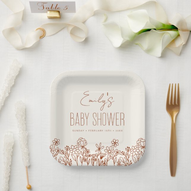 Assiettes En Carton Baby shower Boho Fleur sauvage En Terracotta En Fl (Mariage)