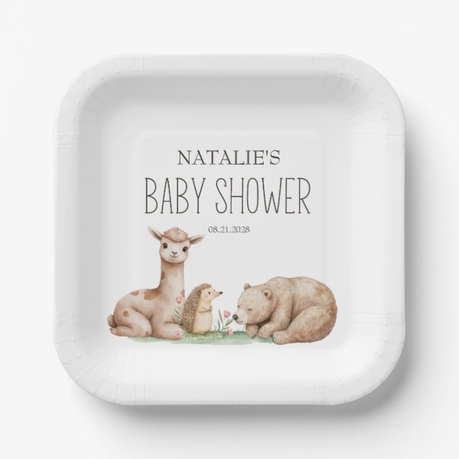 Assiettes En Carton Baby shower Boho Woodland Animaux (Recto)