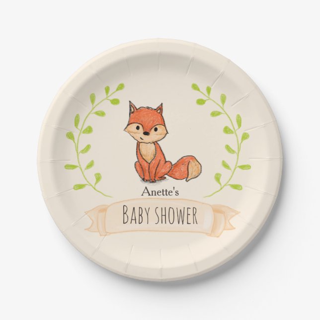 Assiettes En Carton Baby shower boisé de mûre Fox (Devant)
