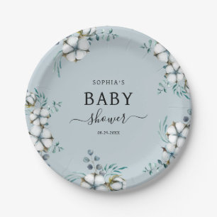 Assiettes En Carton Baby shower botanique de fleurs de coton bleu Dust