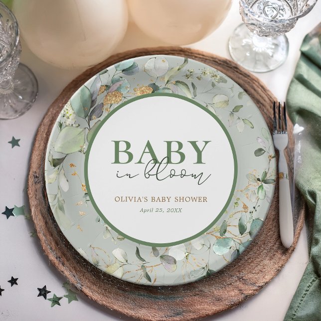 Assiettes En Carton Baby shower botanique d'Eucalyptus (Créateur téléchargé)