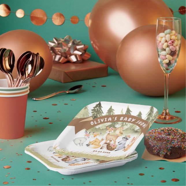 Assiettes En Carton Baby shower Brown Et Vert Des Animaux De Bois (Multi)