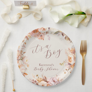 Assiettes En Carton Baby Shower C'est un Garçon Fleurs Vintage Crème d