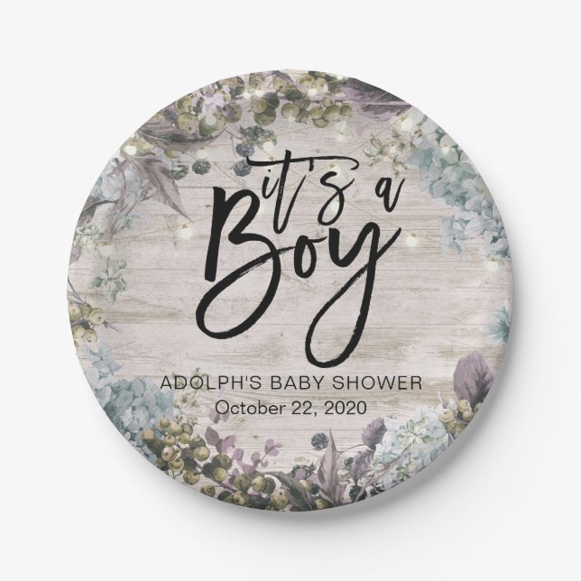 Assiettes En Carton Baby shower Chic à cordes Florales Lumières Bois r (Devant)