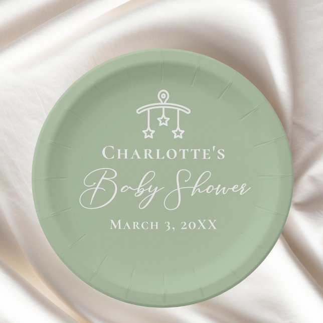 Assiettes En Carton Baby shower Chic Sage Vert Personnalisé (Créateur téléchargé)