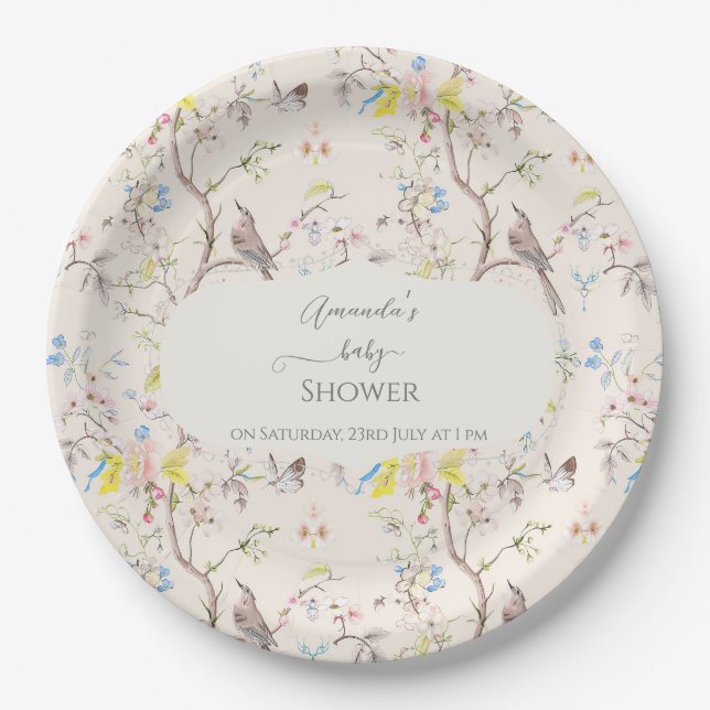 Assiettes En Carton Baby shower chinois rose floral (Devant)