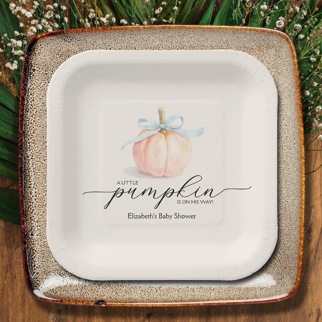 Assiettes En Carton Baby shower Citrouille Blue Bow (Blue Bow Little Pumpkin Boy Baby Shower Square Paper Plates)