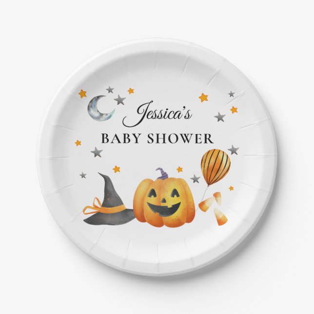 Assiettes En Carton Baby shower Citrouille de Little Boo Halloween (Devant)