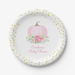 Assiettes En Carton Baby shower Citrouille rose aquarelle Floral