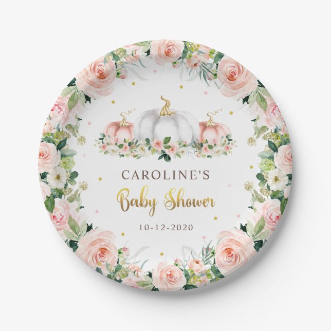 Assiettes En Carton Baby shower citrouille Rose Et Or (Devant)