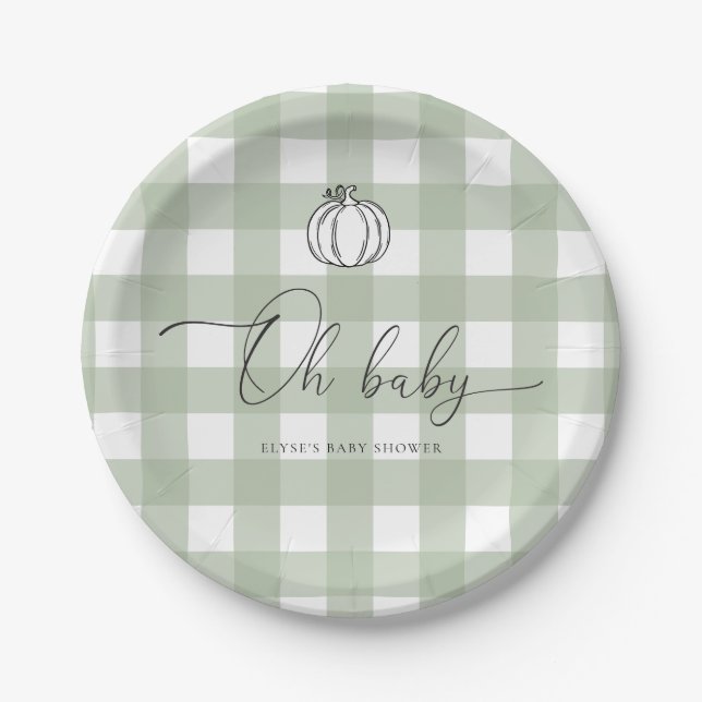 Assiettes En Carton Baby shower Citrouille Sage Green En vichy (Devant)
