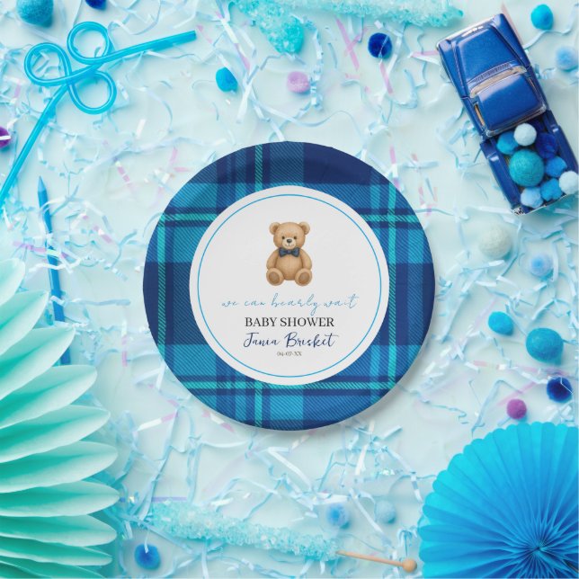 Assiettes En Carton Baby shower classique Preppy Blue Plaid Teddy Bear (Fête)
