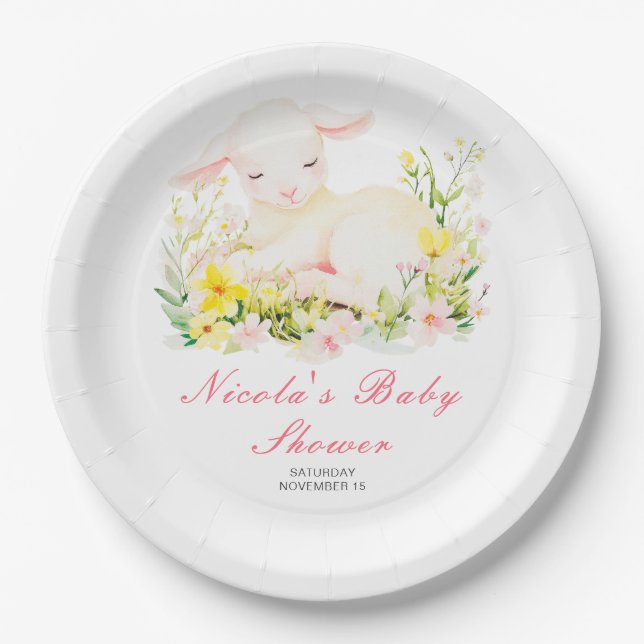 Assiettes En Carton Baby shower d'agneau de printemps (Devant)