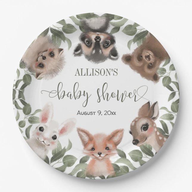 Assiettes En Carton Baby shower d'amis forestiers des animaux des bois (Devant)