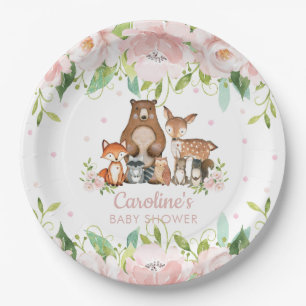 Assiettes En Carton Baby shower d'animaux boisés rose pâle