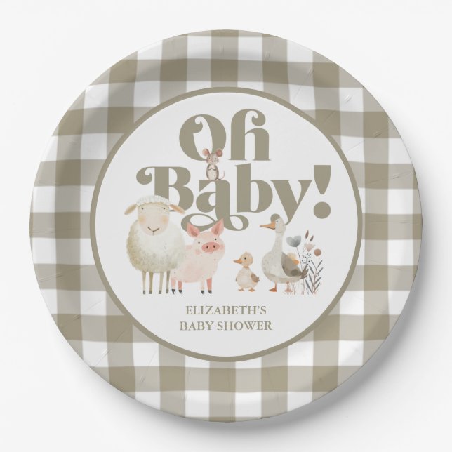 Assiettes En Carton Baby shower d'animaux de ferme pour bébés neutres  (Devant)