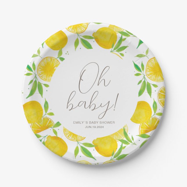 Assiettes En Carton Baby shower d'aquarelle au citron (Devant)