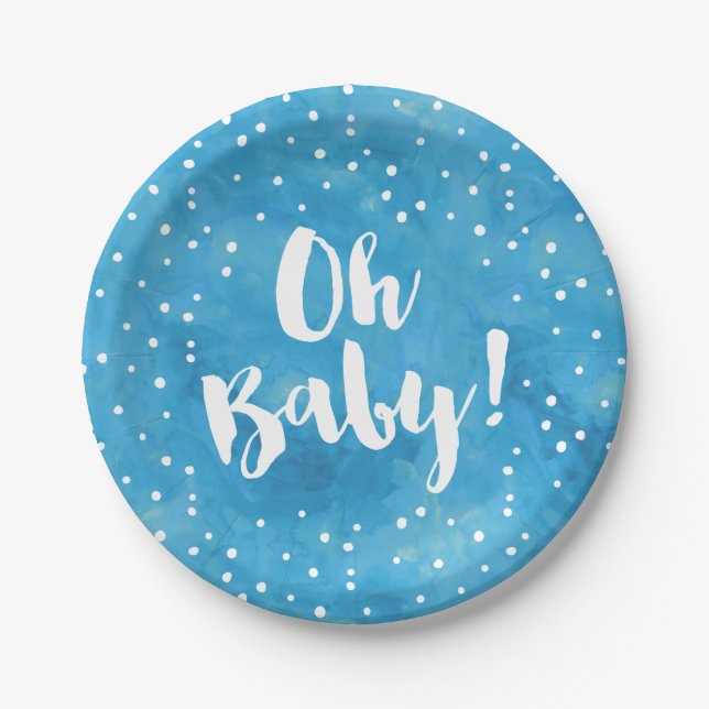Assiettes En Carton Baby shower d'aquarelle bleu bébé (Devant)