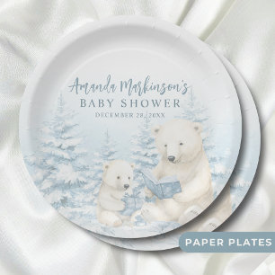 Assiettes En Carton Baby shower d'aquarelle bleu d'ours polaire d'hive