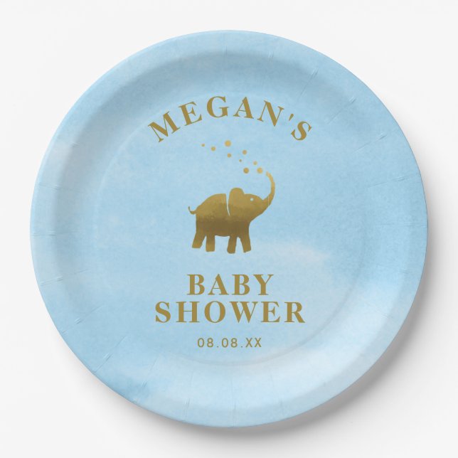 Assiettes En Carton Baby shower d'aquarelle bleu éléphant d'or (Devant)