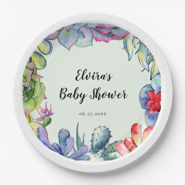 Assiettes En Carton Baby shower d'aquarelle de cactus succulent (Devant)